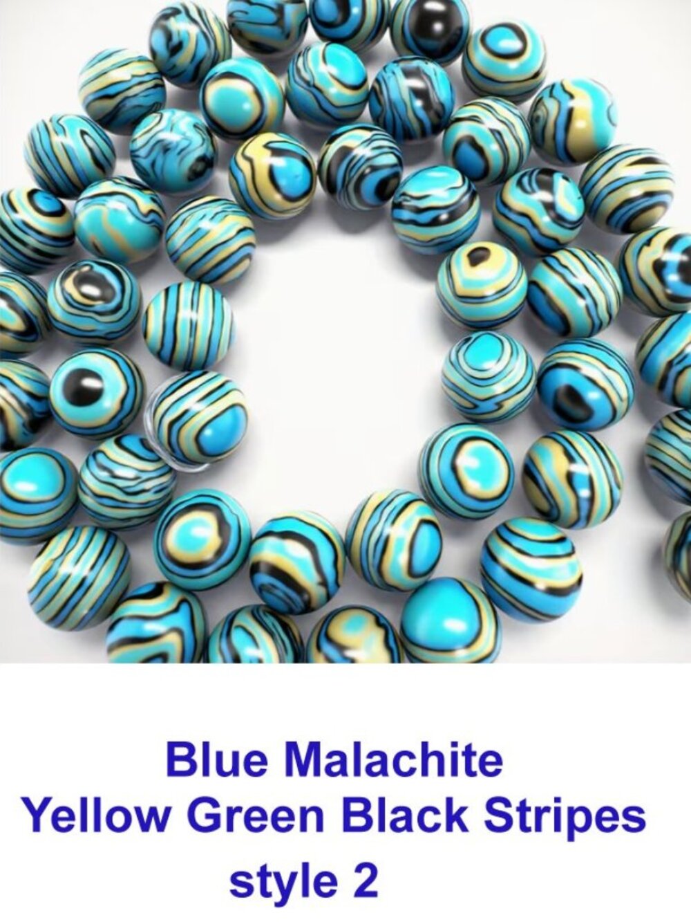 Blue Malachite Yellow Green Black Stripes  8mm  15" Strand